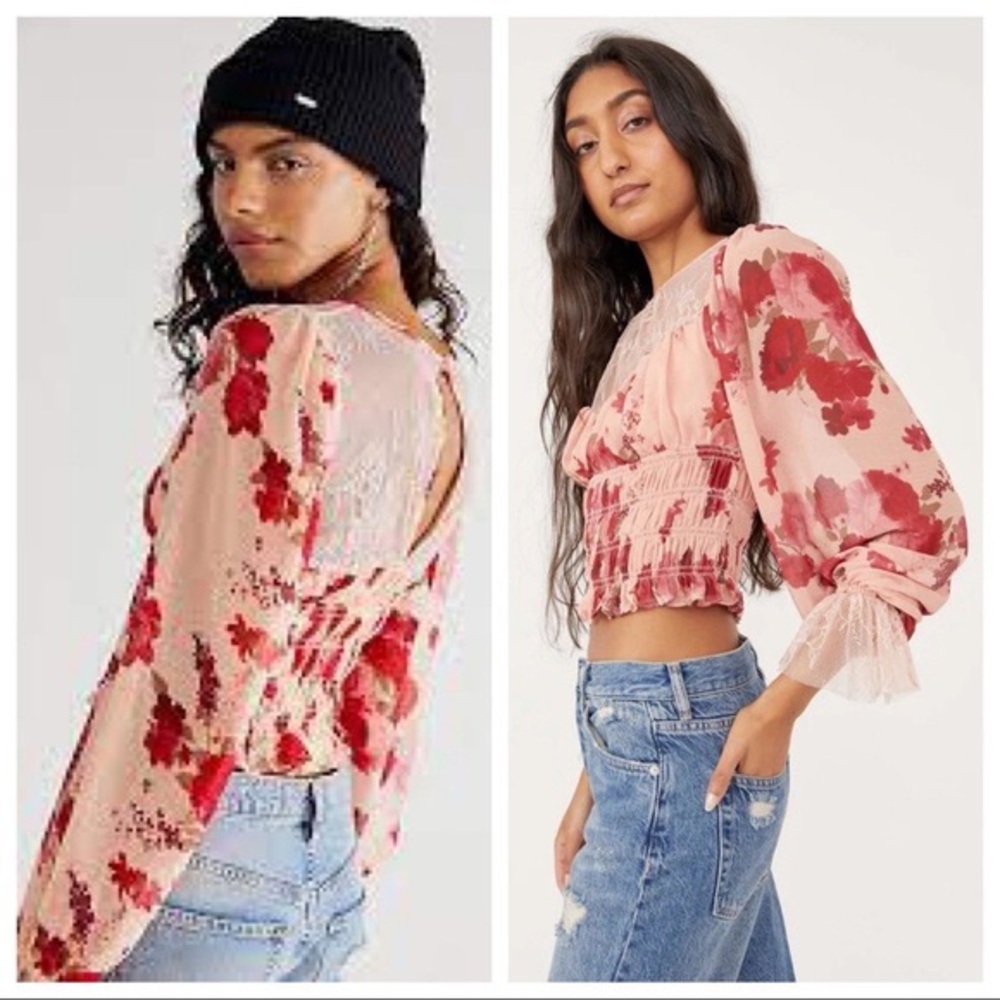 FREE PEOPLE BOHO BLOUSE FLORAL FESTIVAL PRINT LONG SLEEVES CROP TOP A3C - Picture 5 of 9